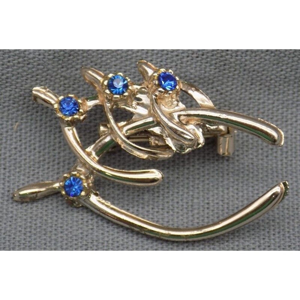 Vintage Rhinestone Wishbone Brooch Pin Good Luck Silvertone & Blue Rhinestones
